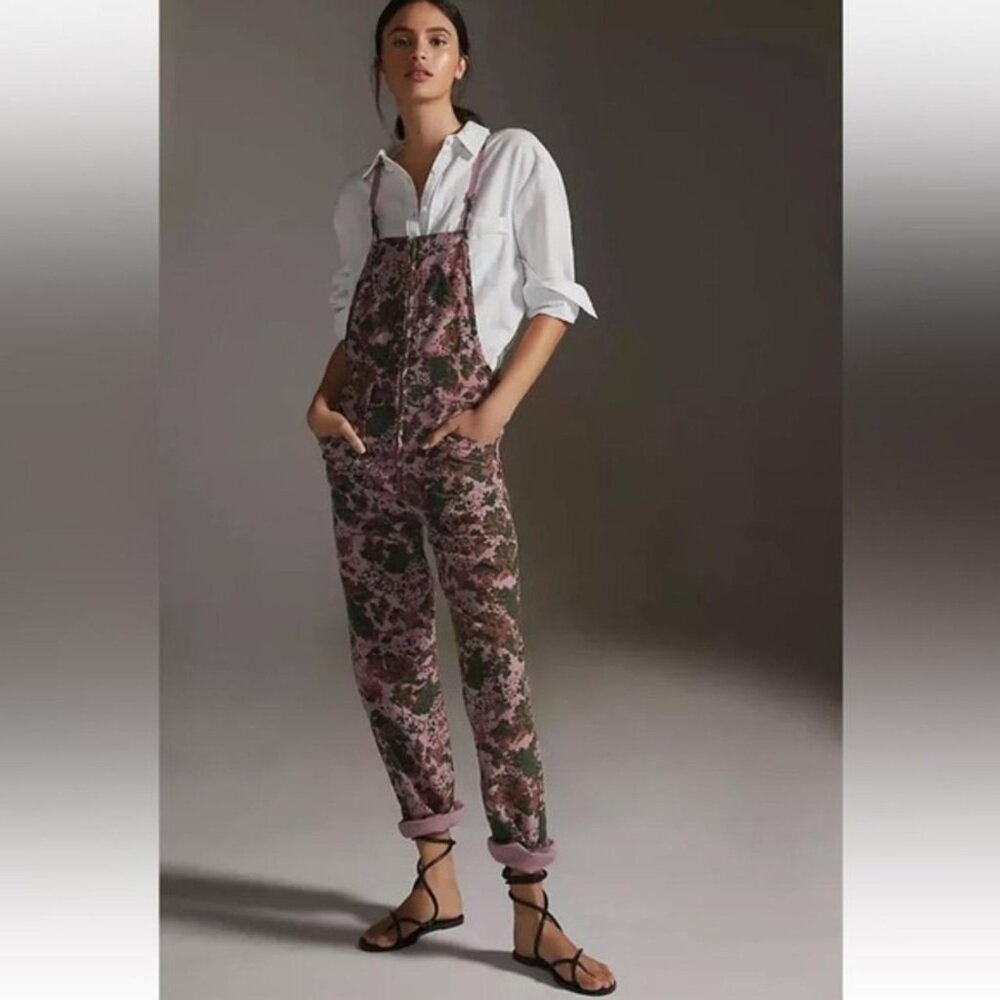 Pilcro for Anthropologie Pink and Green Camouflage The Painters Overalls